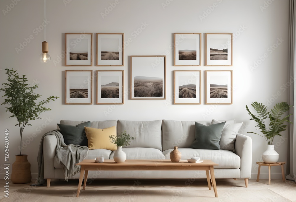 Fototapeta premium Modern Living Room Interior with Gallery Wall and Light Beige Sofa
