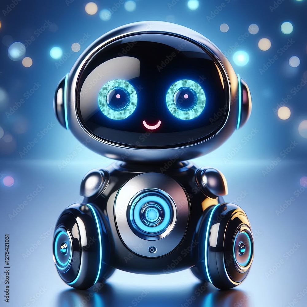small, white robot with bright blue eyes sits.
small, white robot with bright blue eyes sits.