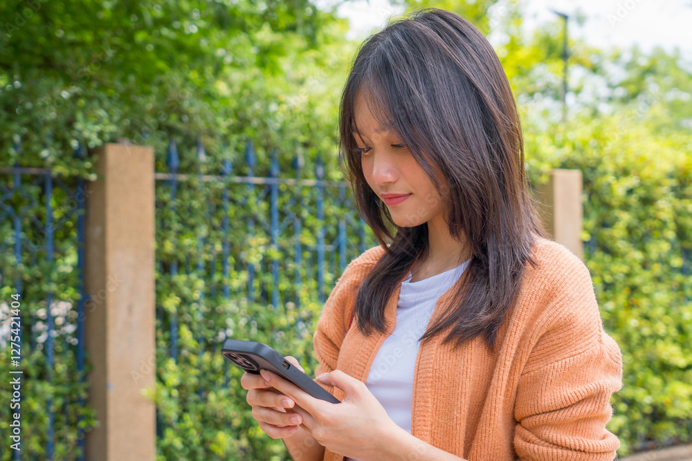 Young Asian Girl Using Smartphone While Walking in the Garden. Casual Outdoor Lifestyle with Technology and Nature. Happy Female in Natural Environment on a Sunny Day. Young Asian Girl Using Smartphone While Walking in the Garden. Casual Outdoor Lifestyle with Technology and Nature. Happy Female in Natural Environment on a Sunny Day.