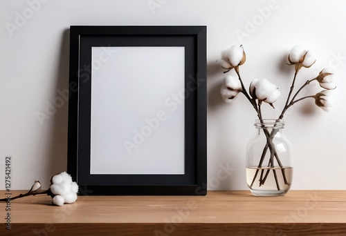 Blank Black Frame Mockup with Cotton Flowers on Wooden Table
