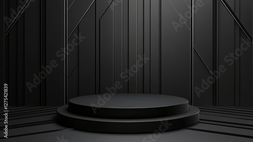 Black 3D geometric podium on a dark background. 