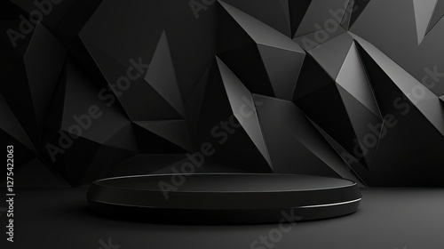 Black 3D geometric podium on a dark background. 