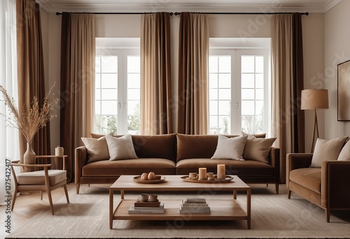 Modern Living Room Interior with Brown Velvet Sofa and Neutral Decor