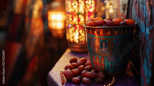Wallpaper Mural Celebrate the Muslim holy month. Medjool dates in a colorful bucket. An ornate lantern glows softly. Amber prayer beads. Cultural, religious observance, tradition, food.  Torontodigital.ca