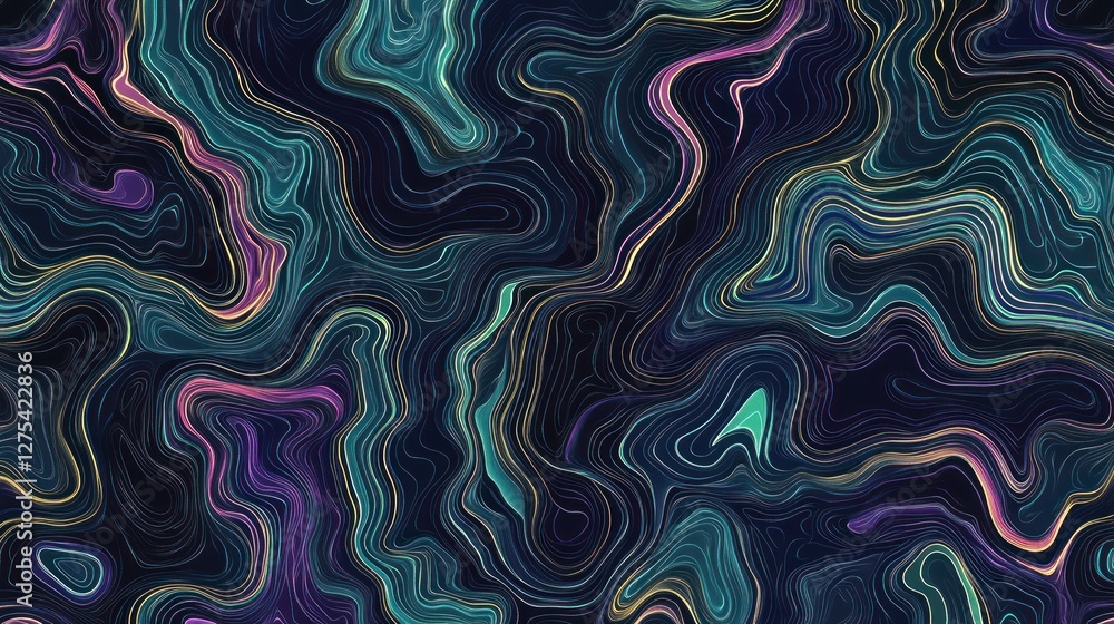 Abstract swirling lines, teal, purple, gold on dark background. Abstract swirling lines, teal, purple, gold on dark background.