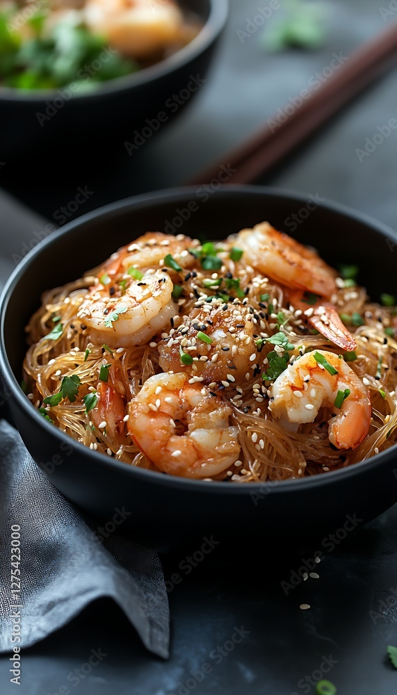 Asian Shrimp Noodles in Bowl, chopsticks in background, grey napkin Asian Shrimp Noodles in Bowl, chopsticks in background, grey napkin