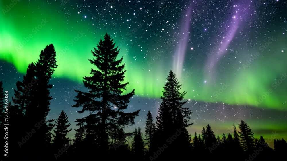 Silhouettes of tall trees swaying gently against a breathtaking timelapse of the northern lights, vibrant green and purple hues dancing across a vast starry sky in mesmerizing motion. Silhouettes of tall trees swaying gently against a breathtaking timelapse of the northern lights, vibrant green and purple hues dancing across a vast starry sky in mesmerizing motion.