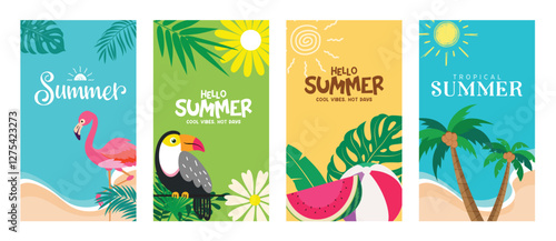 Hello summer greeting clipart poster set. Summer text with colorful background and tropical elements like flamingo, toucan, watermelon, beach ball and coconut tree clip art collection for vacation 