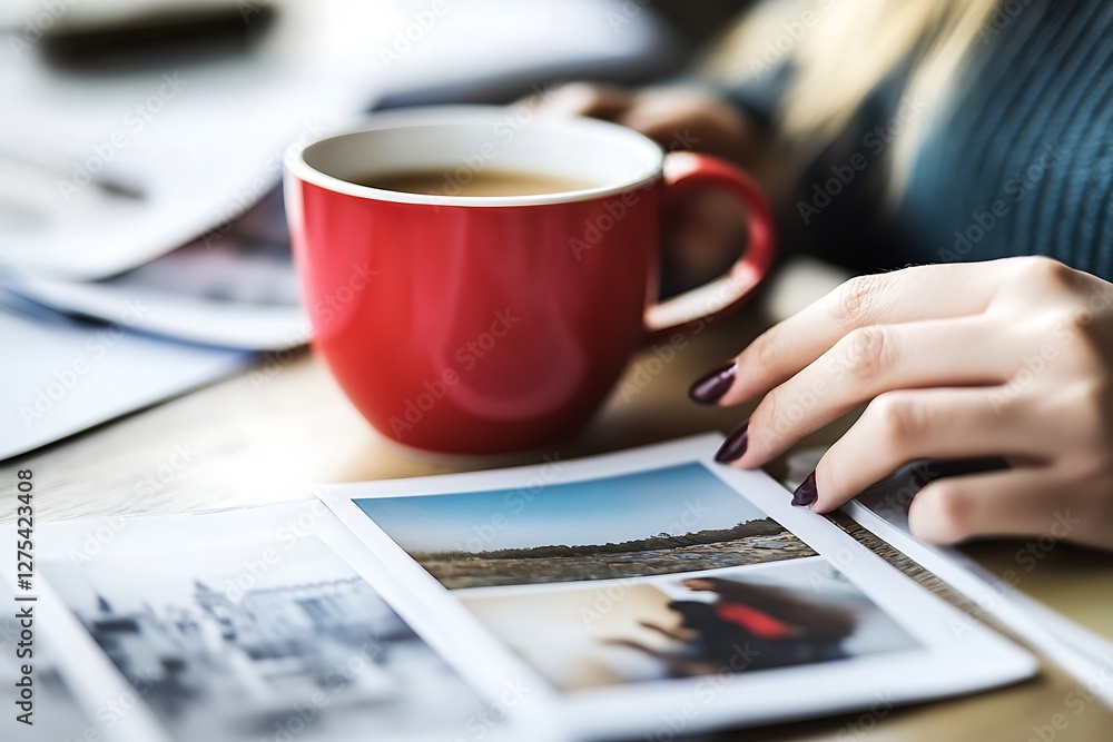 Woman browsing photos, coffee, cafe Woman browsing photos, coffee, cafe