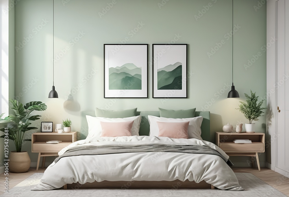 Fototapeta premium Serene Green Bedroom Interior with Minimalist Decor