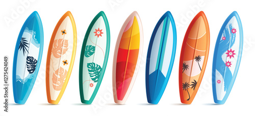 Summer surfboard elements clipart set. Surfing board object in colorful printed abstract design clip art collection for tropical holiday season beach activity vector illustration.

