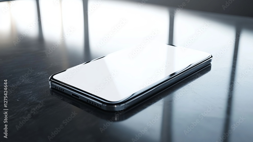 Contemporary smartphone showcasing a pristine white display, artfully positioned on a sleek surface under ambient natural illumination. A perfect canvas for digital presentations Contemporary smartphone showcasing a pristine white display, artfully positioned on a sleek surface under ambient natural illumination. A perfect canvas for digital presentations