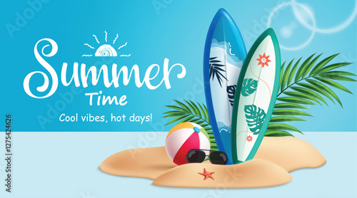 Summer time background clipart banner design. Summer time text clip art in island blue sky beach background with printed surfboard, beach ball and palm leaves elements for holiday vacation vector 