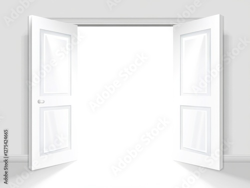 Open white double door symbolizes new opportunities, hope, and transition in a minimalist interior design.