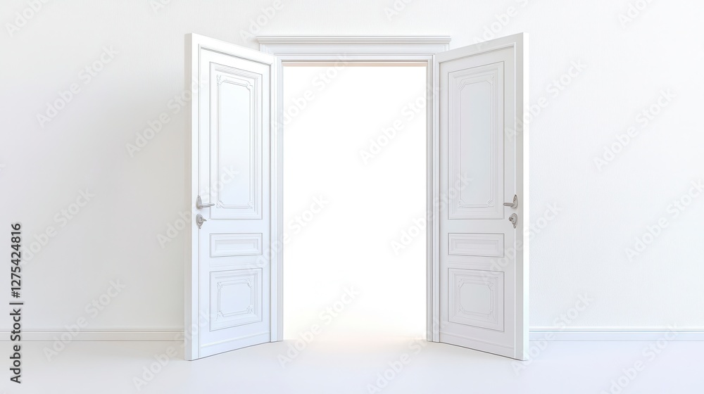 Open white double doors in a minimalist interior invite exploration and symbolize new beginnings in a modern home. Open white double doors in a minimalist interior invite exploration and symbolize new beginnings in a modern home.