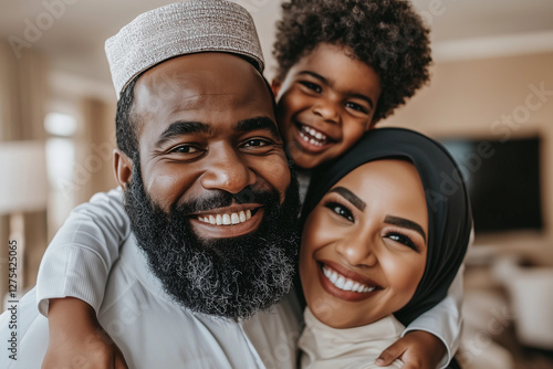 African muslim family. Happy mother and father with son, hugging together