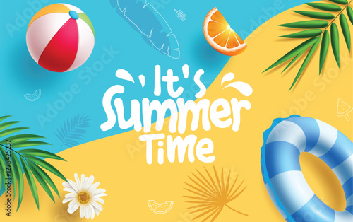 Summer time greeting clipart background design. Summer time text clip art in orange and blue background for vacation holiday with palm leaves, floaters and beach ball tropical elements vector 