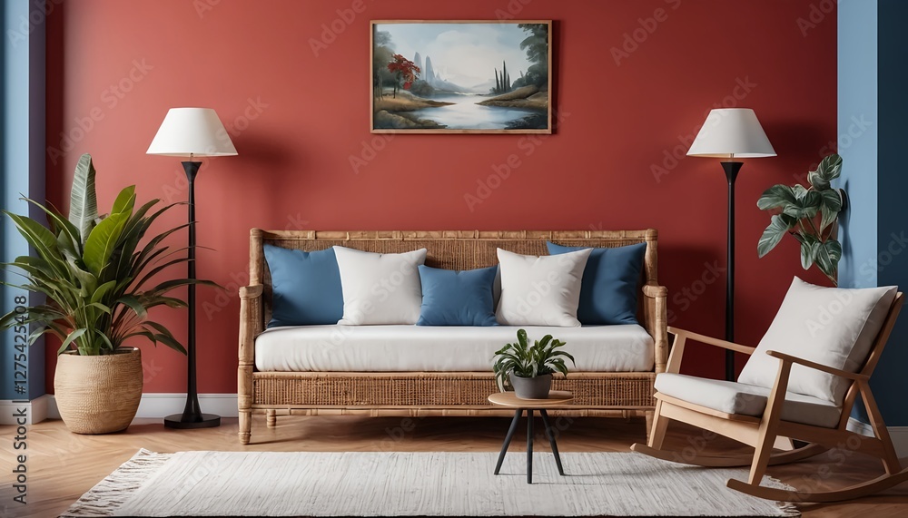 Fototapeta premium Cozy Living Room with Rattan Sofa and Rocking Chair