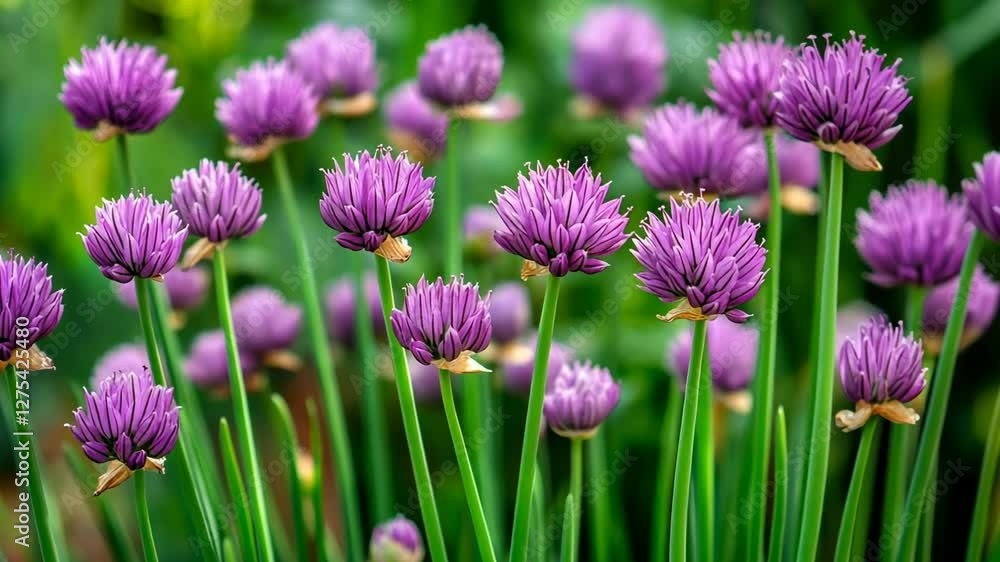Vibrant chive blossoms blooming in a summer garden creating a colorful display of nature's beauty Vibrant chive blossoms blooming in a summer garden creating a colorful display of nature's beauty