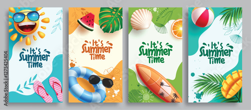Summer time clipart poster set. Summer time greeting in colorful abstract background clip art with sun, floaters, surfboard and mango tropical elements for postcard template vector illustration.
