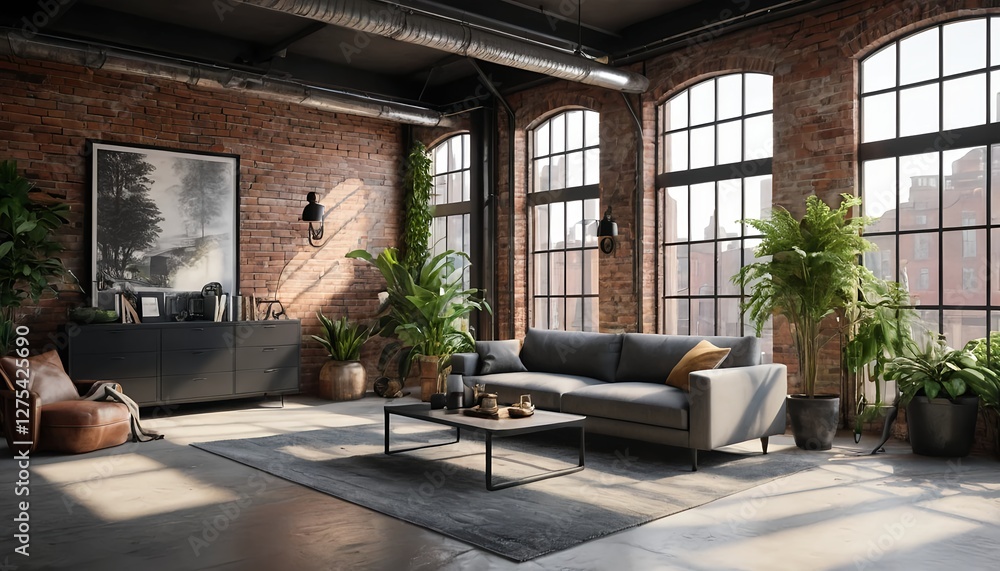Fototapeta premium Modern Loft Apartment Living Room with Brick Walls and Large Windows
