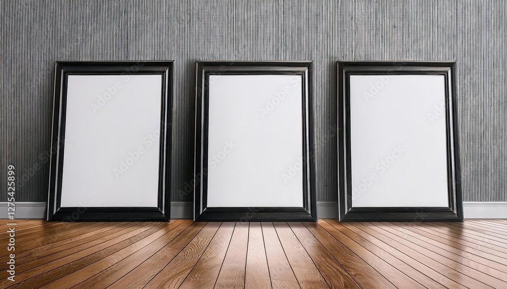 3D Mockup of Black Frames with Poster Canvas on Wooden Floor Dramatic Staging of a Minimalist Artwork against an Industrial Backdrop 3D Mockup of Black Frames with Poster Canvas on Wooden Floor Dramatic Staging of a Minimalist Artwork against an Industrial Backdrop