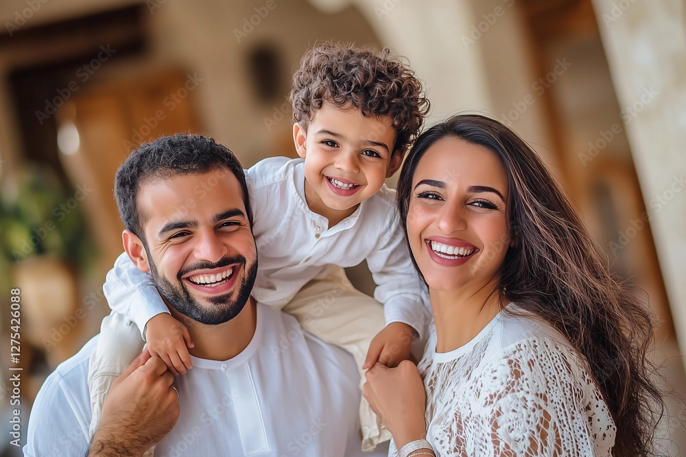Fototapeta premium Modern muslim family. Happy mother and father with son, hugging together