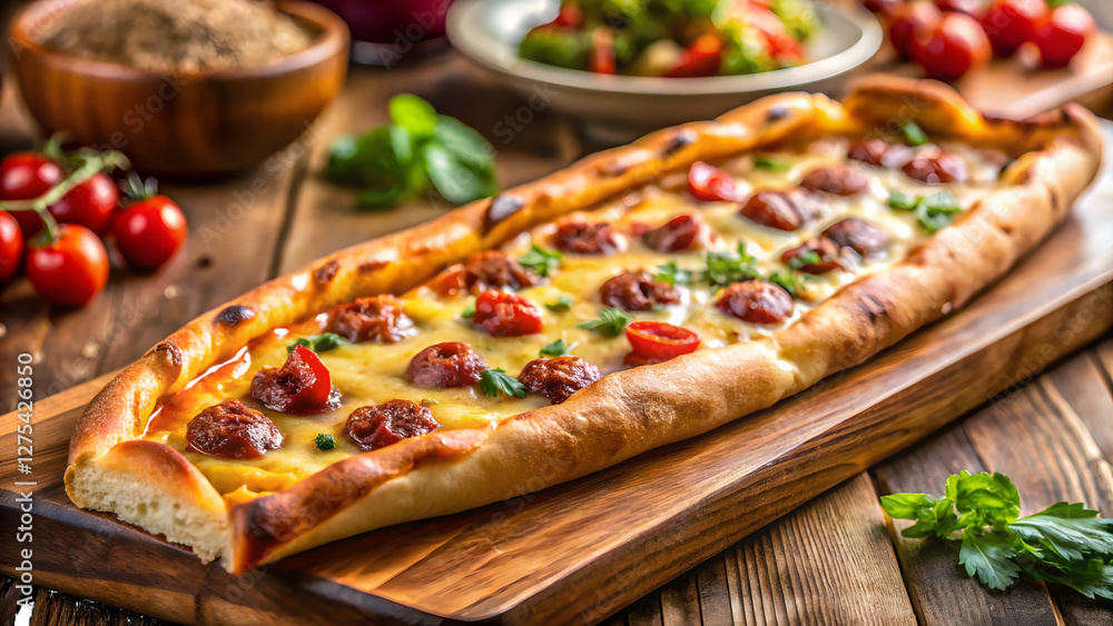 Crusty Pizza (Pide) Topped with Sucuk Sausage Crusty Pizza (Pide) Topped with Sucuk Sausage