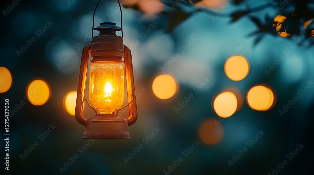 Illuminated Lantern Hanging Amongst Soft Evening Lights Illuminated Lantern Hanging Amongst Soft Evening Lights