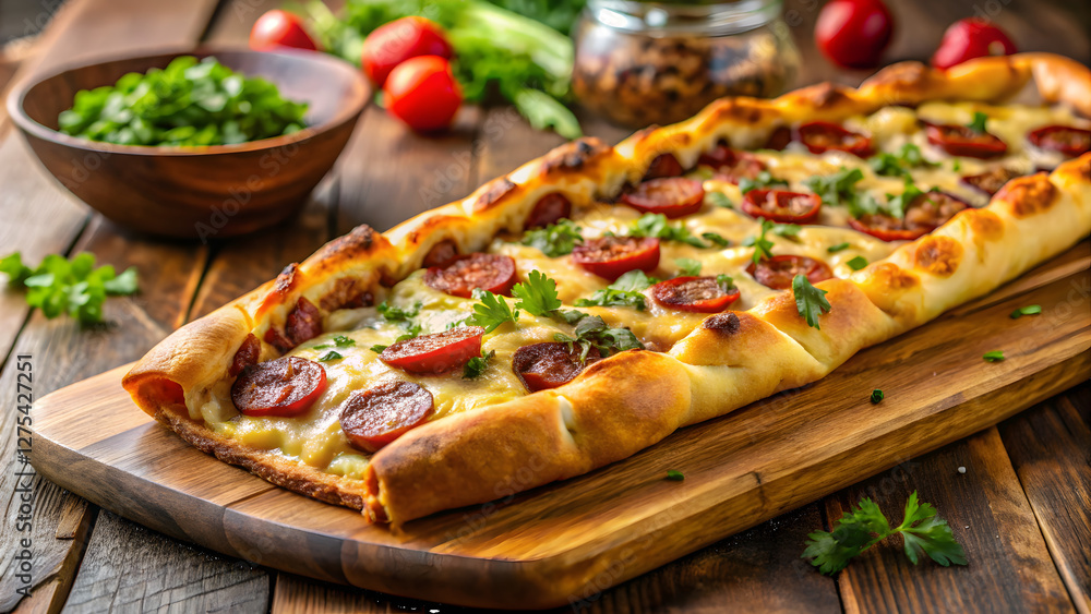 Artisan Pizza (Pide) with Sucuk Sausage and Melted Cheese Artisan Pizza (Pide) with Sucuk Sausage and Melted Cheese