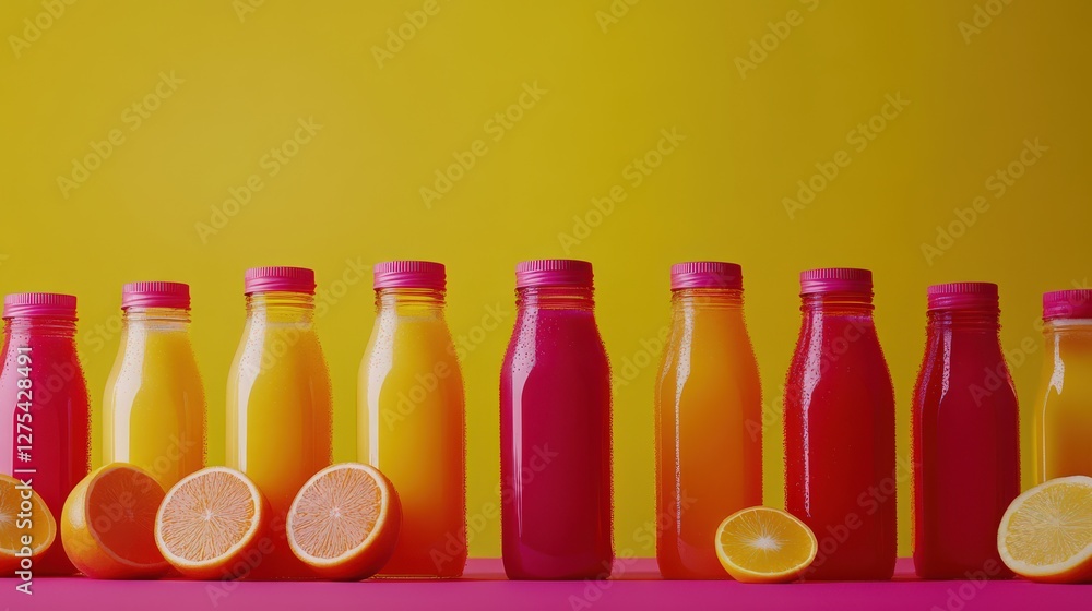 Colorful fruit juice bottles arranged on a vibrant yellow background with sliced oranges Colorful fruit juice bottles arranged on a vibrant yellow background with sliced oranges