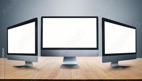 Minimalist Mockup of Three Ultrathin Display Monitors with Clean White Screens in a Modern Setting, Radiating Sleek and Futuristic Aesthetics photo