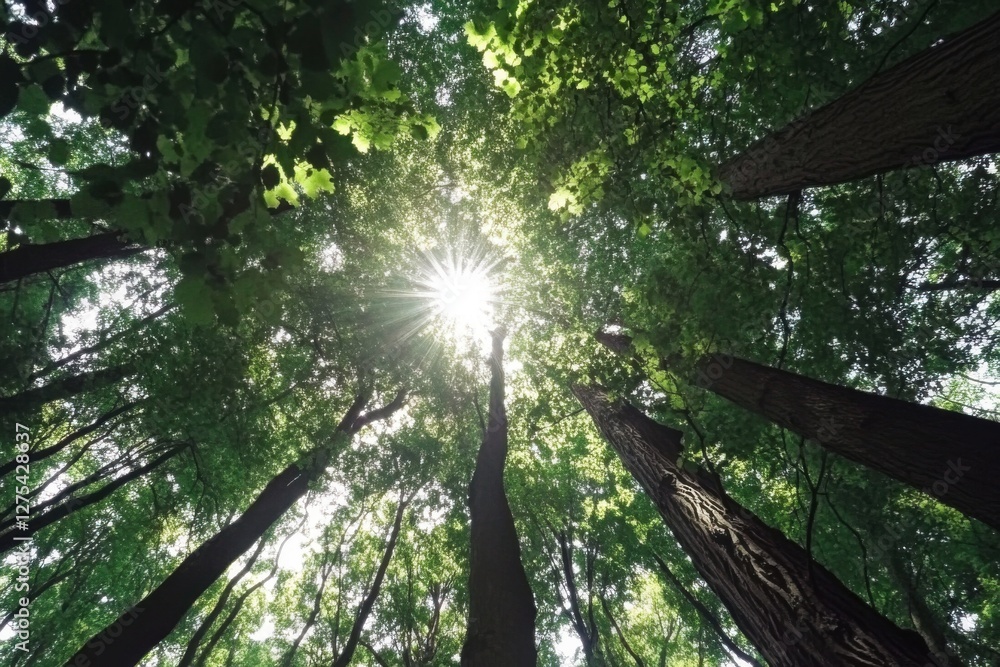 Obraz premium Sunlight filtering through lush green forest canopy