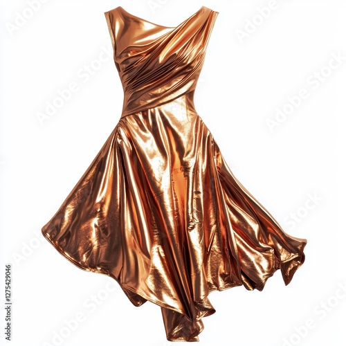 Metallic rose gold minidress with a draped asymmetrical hem isolated on white photo