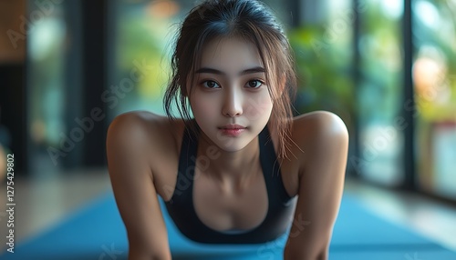 Focused Woman in Plank Pose, Gym Interior, Soft Light