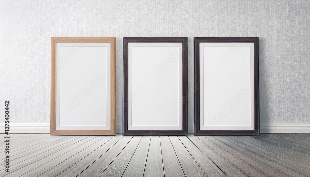Empty White Room Showcasing a 3D Render of Three Vacant Photo Frames, Elevating Minimalist Aesthetics with a Clean, Modern Atmosphere Empty White Room Showcasing a 3D Render of Three Vacant Photo Frames, Elevating Minimalist Aesthetics with a Clean, Modern Atmosphere