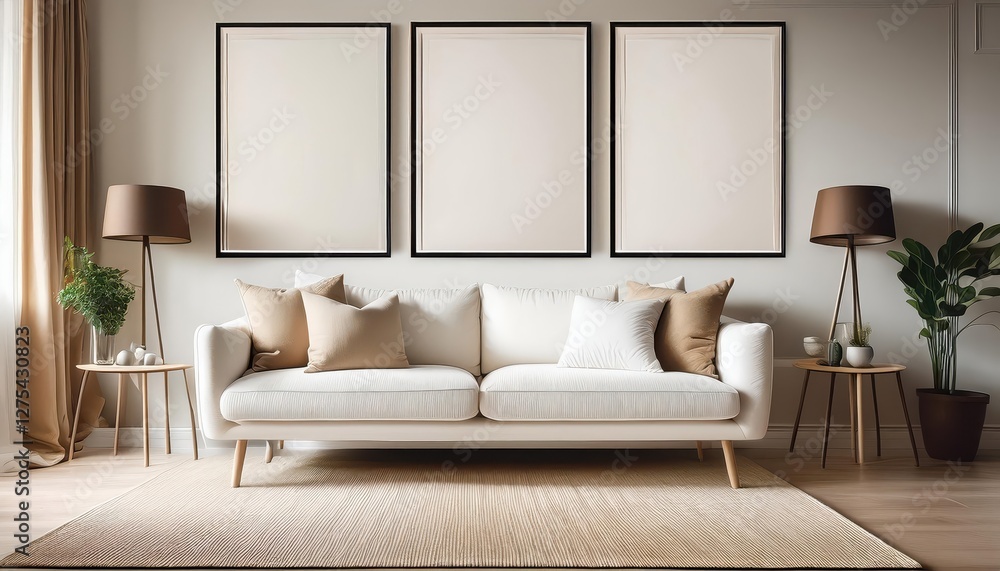 Stylishly Empty Vertical Frames Highlight Modern Minimalism against a Neutral Backdrop, Evoking Tranquility and Elegance in this White and Beige Living Space. Stylishly Empty Vertical Frames Highlight Modern Minimalism against a Neutral Backdrop, Evoking Tranquility and Elegance in this White and Beige Living Space.
