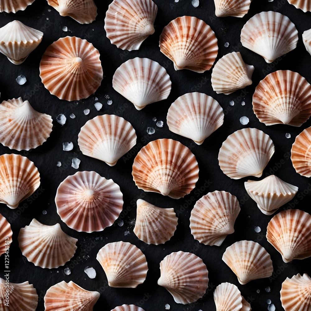 Seashells Pattern on Black Background with Salt Crystals Seashells Pattern on Black Background with Salt Crystals