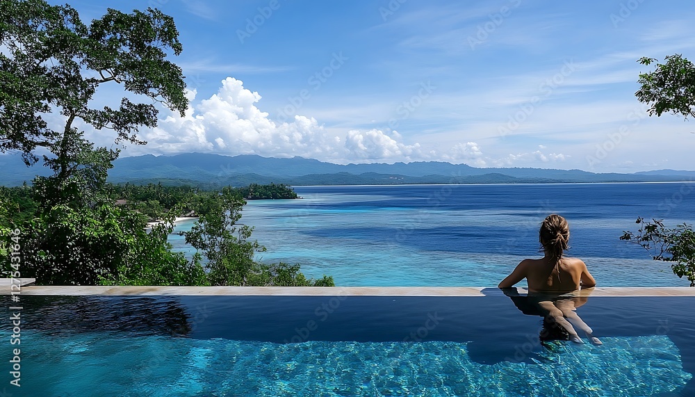 Naklejka premium Woman relaxes in infinity pool, ocean view