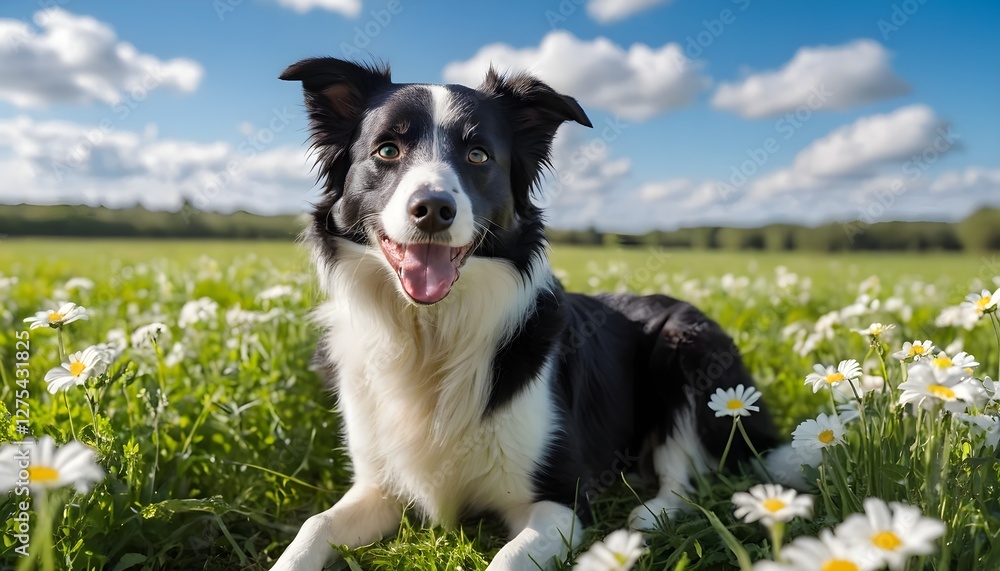 Fototapeta premium Happy Border Collie in a Field of Daisies