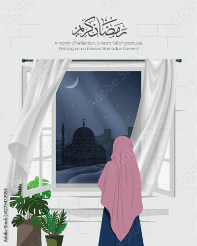 Ramadan Kareem concept. Islamic night scene with hijabi woman gazing at crescent moon and mosque. 