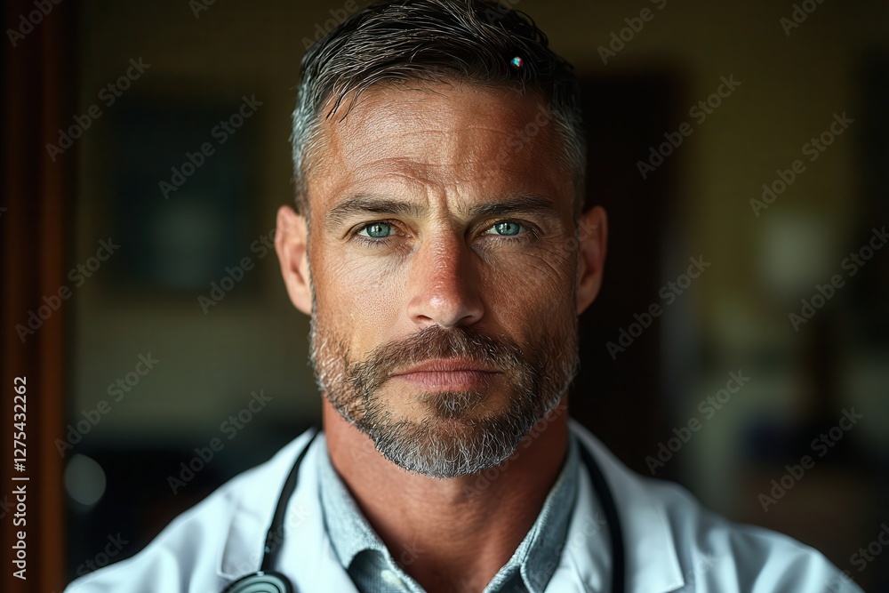 preventive healthcare measures. Confident doctor with a stethoscope and focused expression. preventive healthcare measures. Confident doctor with a stethoscope and focused expression.