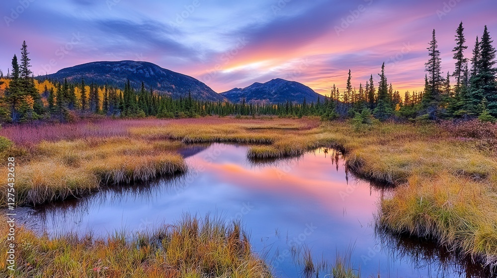 Fototapeta premium Autumn Sunrise Landscape Serene Pond Reflection in Mountain Marsh