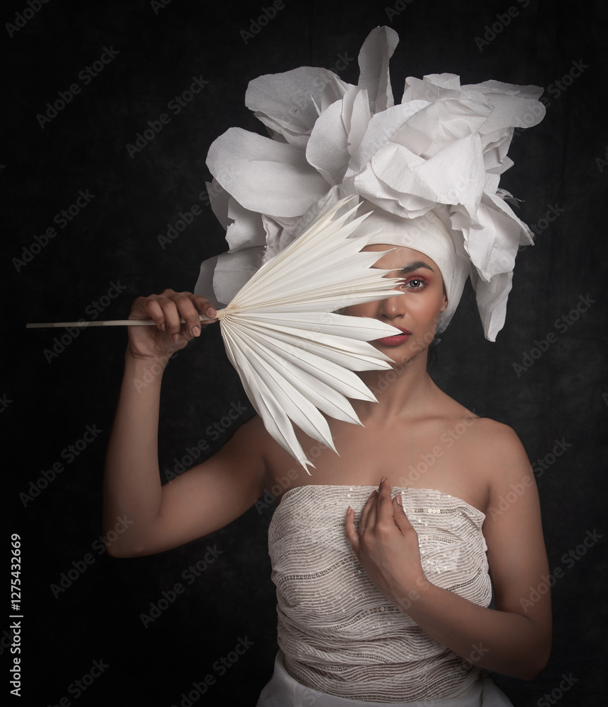 Portrait of a young woman fashionably dressed with one eye covered