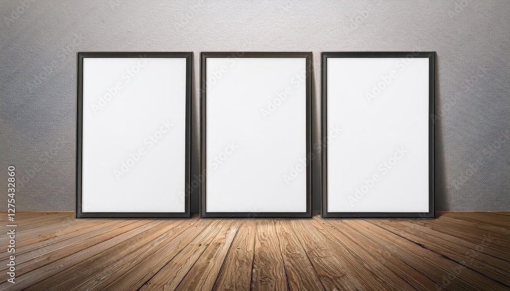 Modern Art Studio Scene Empty Posters Arranged on Wooden Floor in a Minimalistic Artistic Layout, Conveying an Elegant and Contemporary Ambiance. Modern Art Studio Scene Empty Posters Arranged on Wooden Floor in a Minimalistic Artistic Layout, Conveying an Elegant and Contemporary Ambiance.