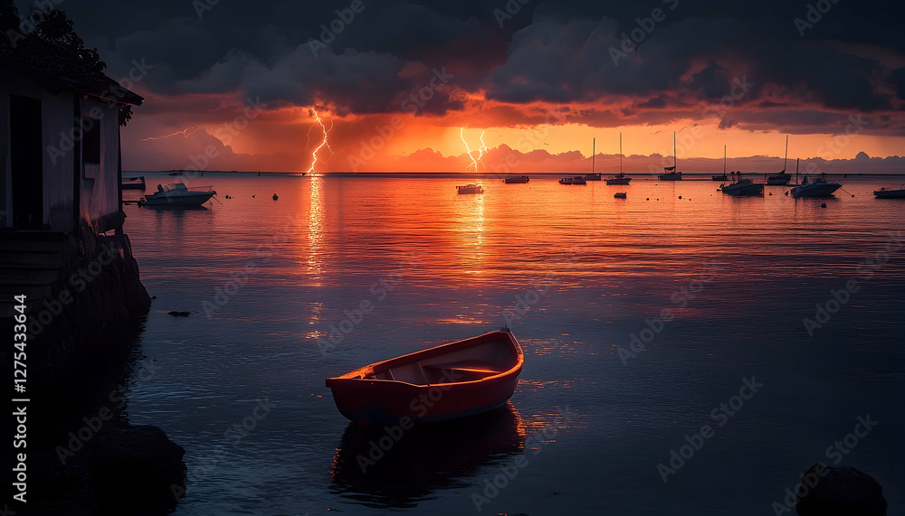 Naklejka premium Dramatic seaside landscape with lightning striking at sunset seascape