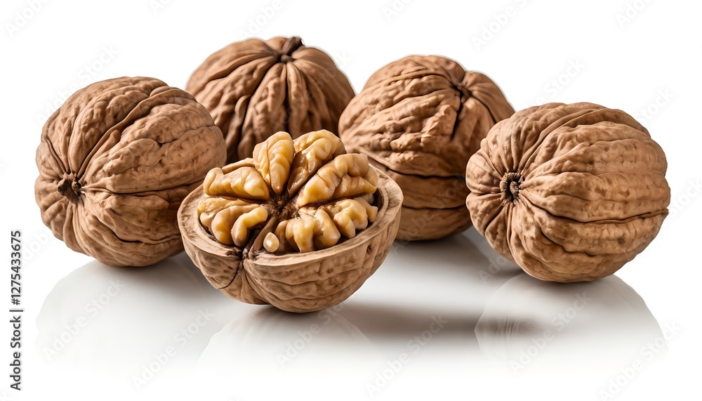 Group of Walnuts, One Cracked Open, Showing Kernels Group of Walnuts, One Cracked Open, Showing Kernels