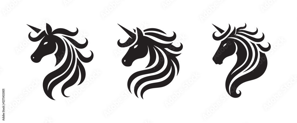 Fototapeta premium Unicorn face horn or alicorn black solid silhouette vector logo icon design on white background, fantasy animal clipart