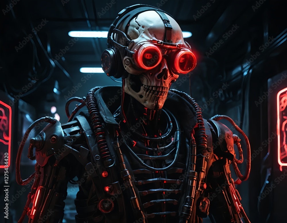 Fototapeta premium Cyberpunk Skeleton Robot in Neon-Lit Corridor