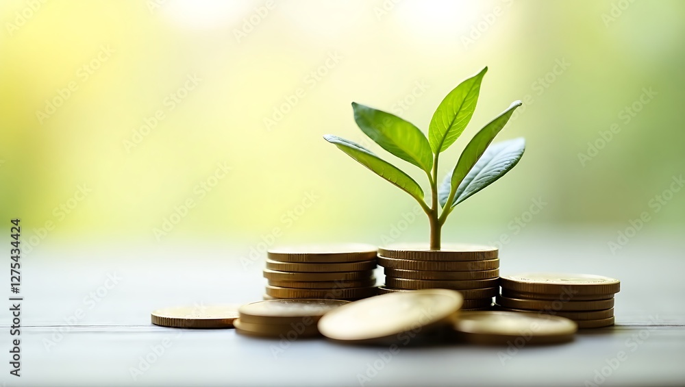 Pile of coins with a growing plant on top symbolizing financial growth isolated on transparent background Pile of coins with a growing plant on top symbolizing financial growth isolated on transparent background